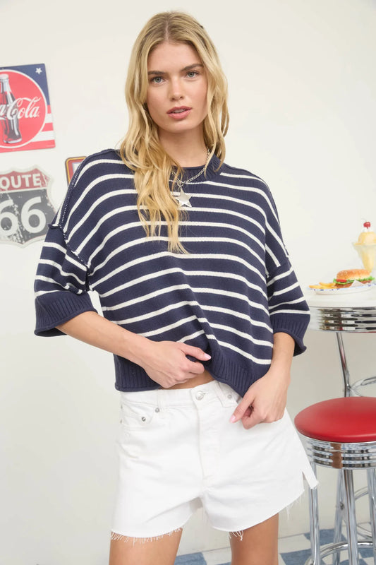 Dark Navy Stripe Raw Edge Sweater | Drop Shoulder Short Sleeve Knit Top