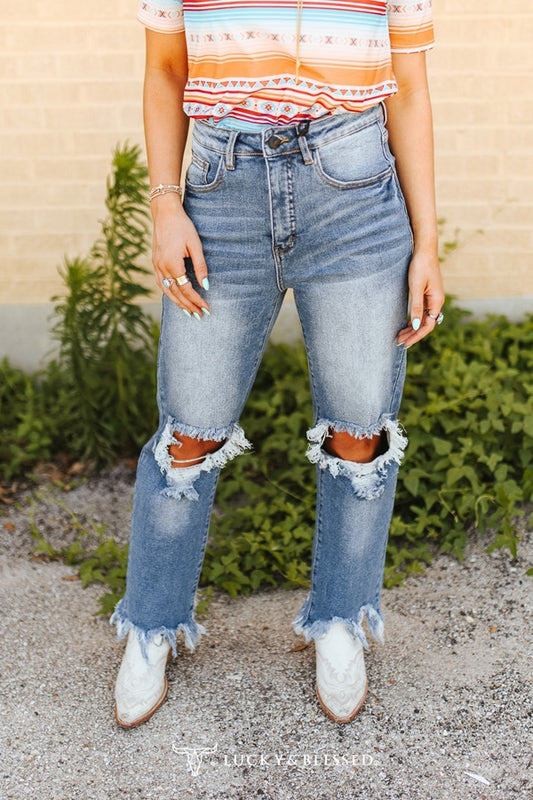 Lucky & Blessed high rise boyfriend jeans with knee rip