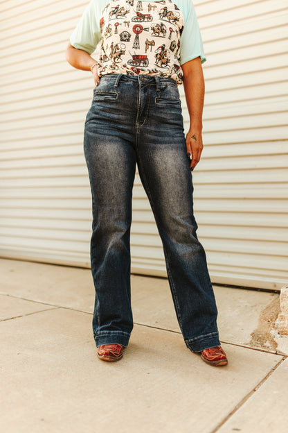 Lucky & Blessed High Rise Trouser Jeans – Dark Wash Western Style, 32” Inseam (Regular & Plus Sizes) JE305