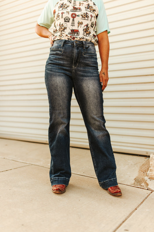 Lucky & Blessed High Rise Trouser Jeans – Dark Wash Western Style, 32” Inseam (Regular & Plus Sizes) JE305