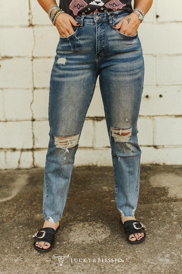 Lucky & Blessed Mid Stone Wash High Rise Tapered Boyfriend Jeans JE321-SW