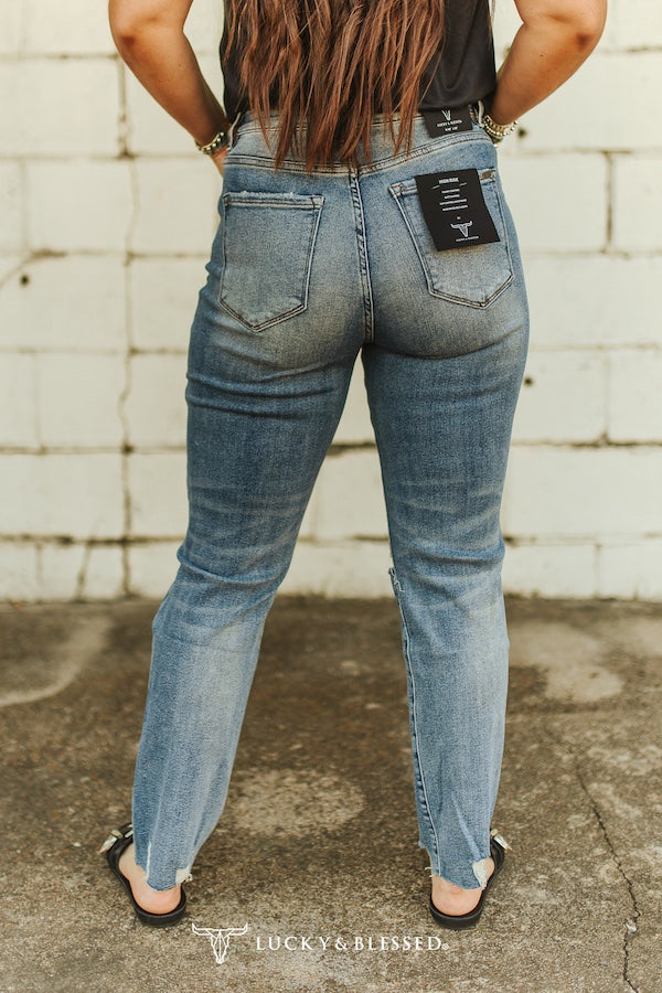 Lucky & Blessed Mid Stone Wash High Rise Tapered Boyfriend Jeans JE321-SW