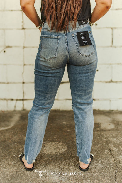 Lucky & Blessed Mid Stone Wash High Rise Tapered Boyfriend Jeans JE321-SW