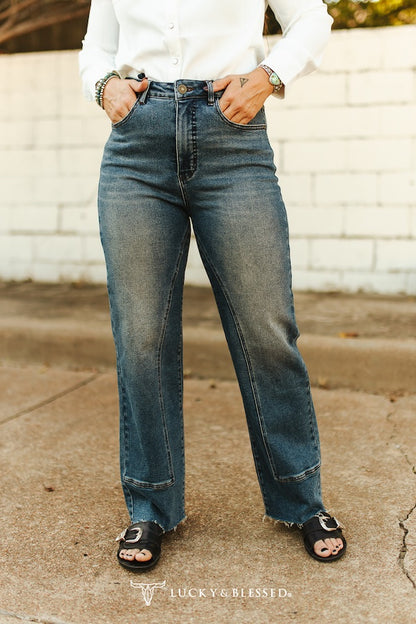 dark wash stretch jeans with tummy control waistband