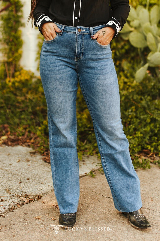 plus size dark wash high rise trouser jeans with wide leg fit