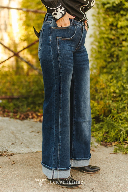 Dark Wash Cuffed Wide Leg Mid Rise Jeans —  30” Inseam Folded