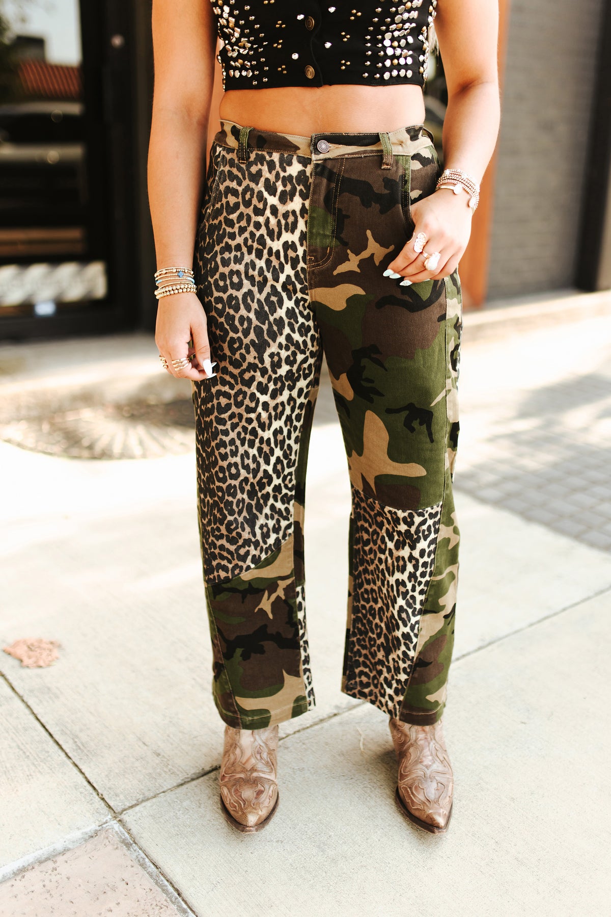 Wild & Untamed Barrel Jeans | Lucky & Blessed Camo Leopard Patchwork Denim
