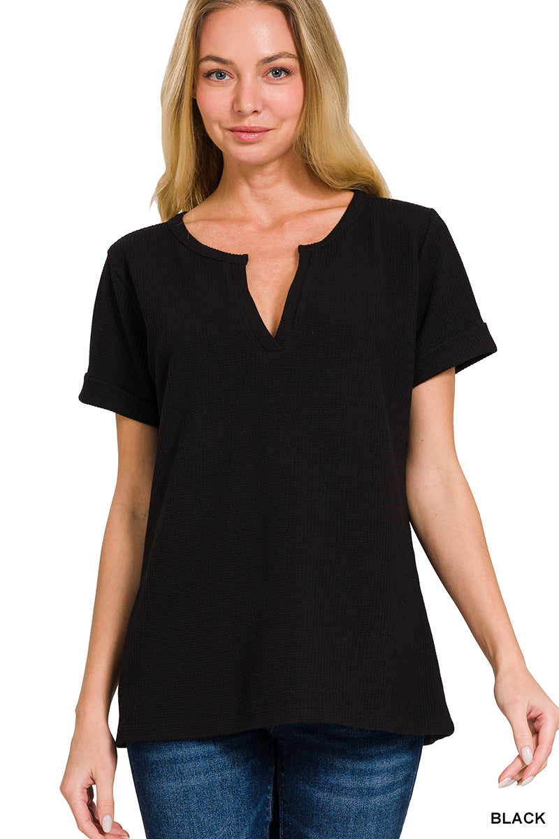 ZENANA MELAGE BABY WAFFLE HENLEY NECK SHORT SLEEVE TOP