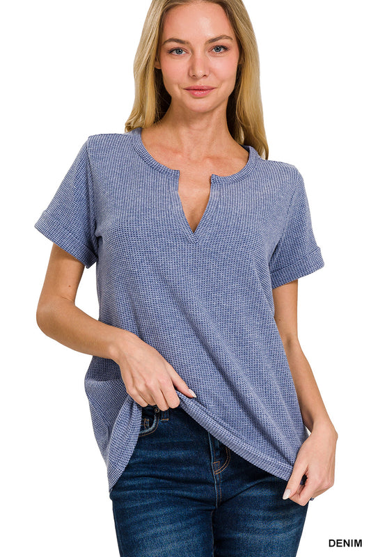 ZENANA MELAGE BABY WAFFLE HENLEY NECK SHORT SLEEVE TOP