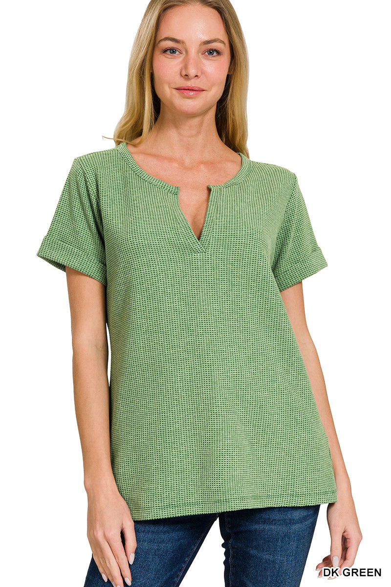 ZENANA MELAGE BABY WAFFLE HENLEY NECK SHORT SLEEVE TOP