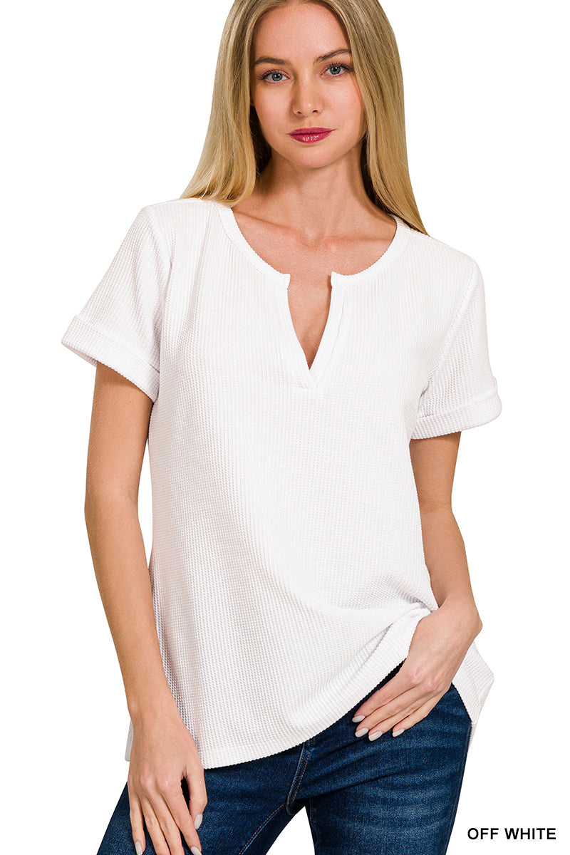 ZENANA MELAGE BABY WAFFLE HENLEY NECK SHORT SLEEVE TOP