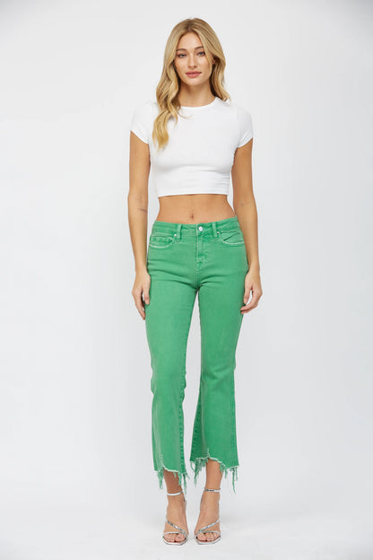 Mica Denim Lucky Green Crop Flare Jeans – High Rise Raw Hem Stretch Denim