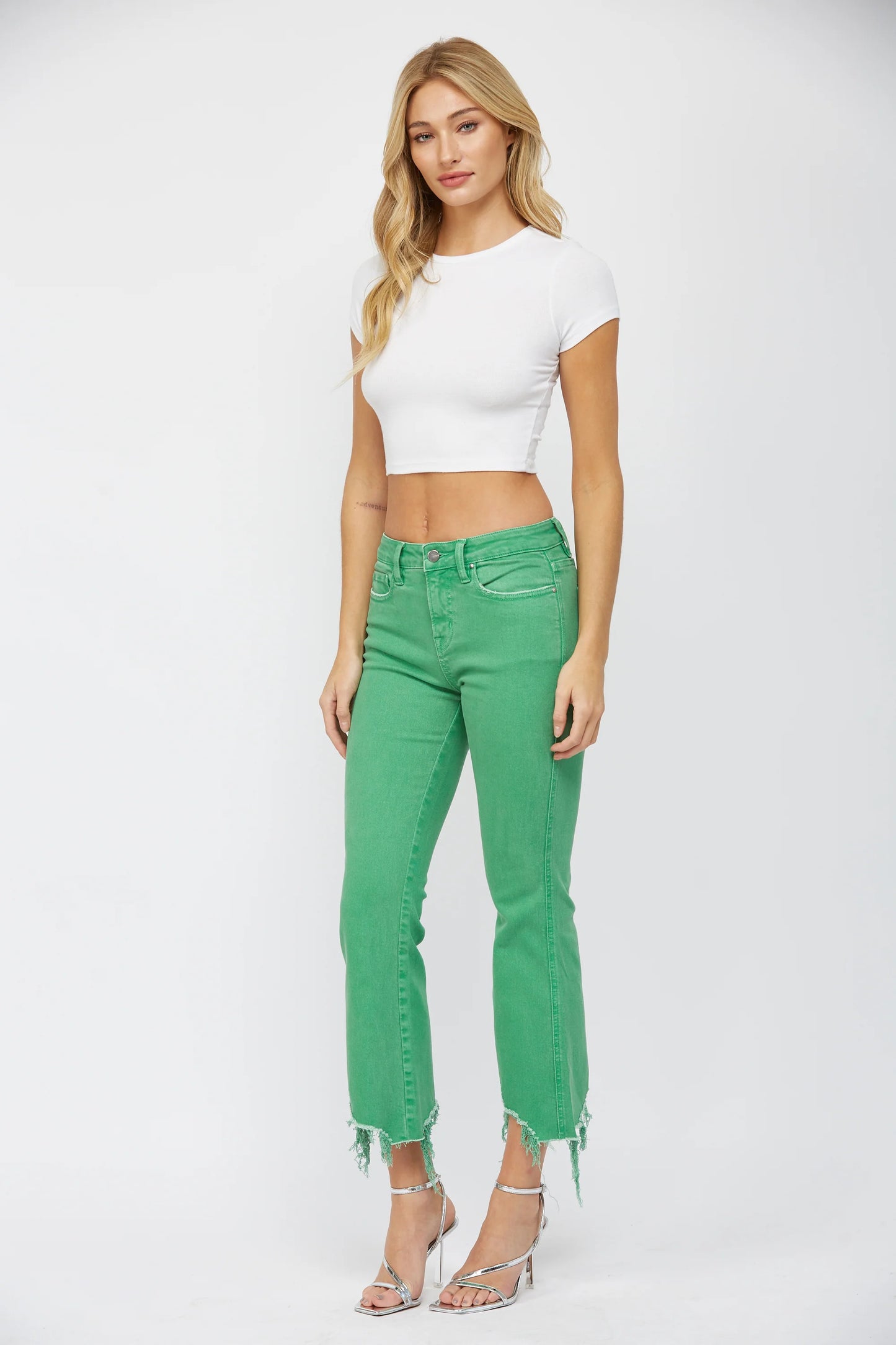 Mica Denim Lucky Green Crop Flare Jeans – High Rise Raw Hem Stretch Denim