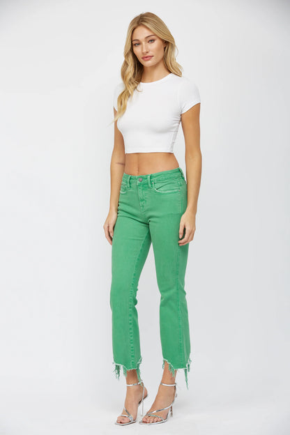 Mica Denim Lucky Green Crop Flare Jeans – High Rise Raw Hem Stretch Denim