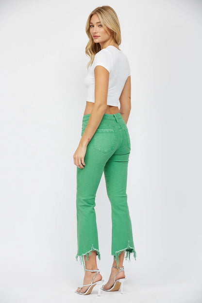 Mica Denim Lucky Green Crop Flare Jeans – High Rise Raw Hem Stretch Denim