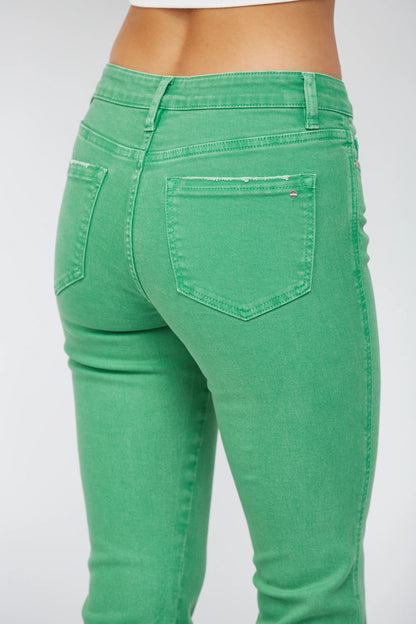 Mica Denim Lucky Green Crop Flare Jeans – High Rise Raw Hem Stretch Denim