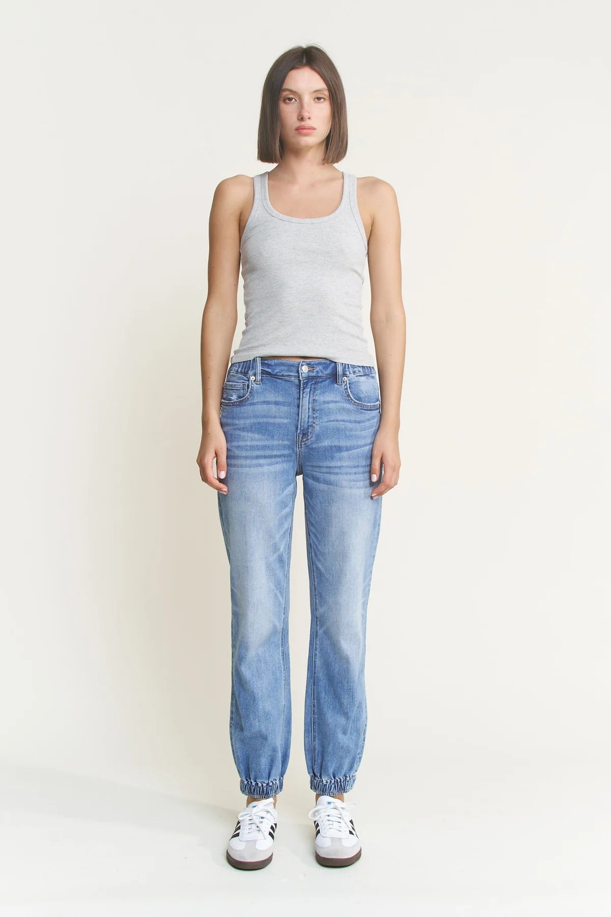 Mica Super High Rise Denim Joggers | Light Wash Stretch Jean Joggers