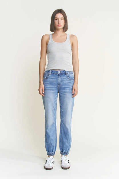 Mica Super High Rise Denim Joggers | Light Wash Stretch Jean Joggers