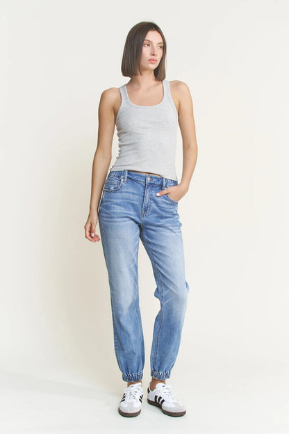 Mica Super High Rise Denim Joggers | Light Wash Stretch Jean Joggers