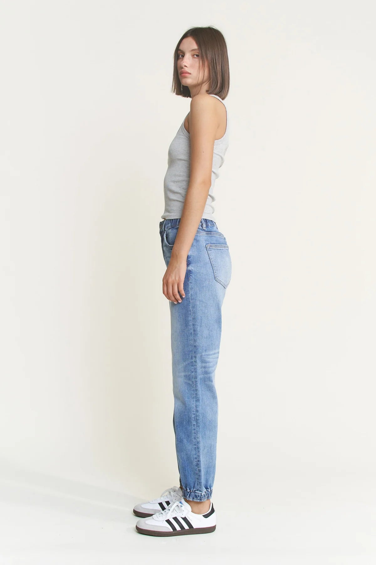 Mica Super High Rise Denim Joggers | Light Wash Stretch Jean Joggers