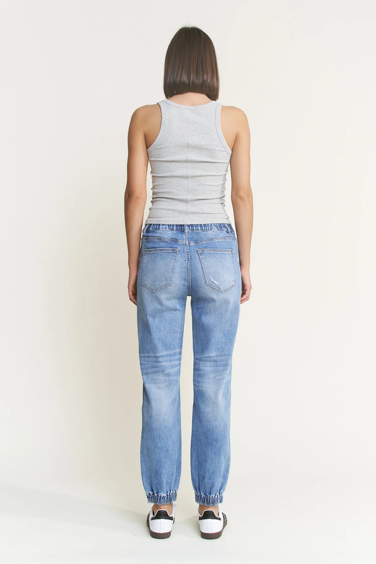 Mica Super High Rise Denim Joggers | Light Wash Stretch Jean Joggers