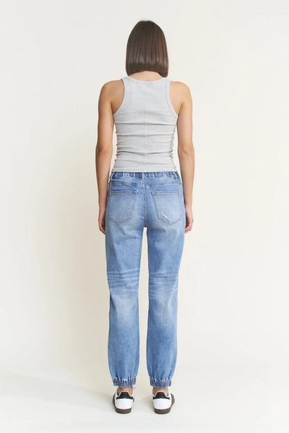 Mica Super High Rise Denim Joggers | Light Wash Stretch Jean Joggers