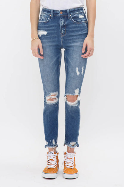 Mica High Rise Crop Skinny Jeans | Distressed Step Hem Denim