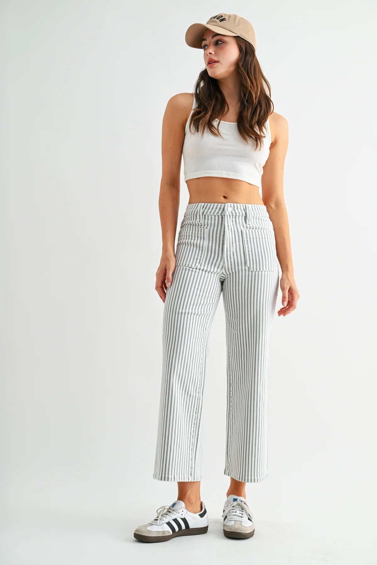 Mica High-Rise Cropped Stripe Jeans | Wide Leg Patch Pocket Denim
