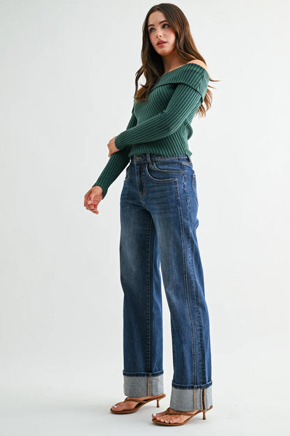 Mica High-Rise Slim Wide Cuffed Jeans | Dark Wash Stretch Denim