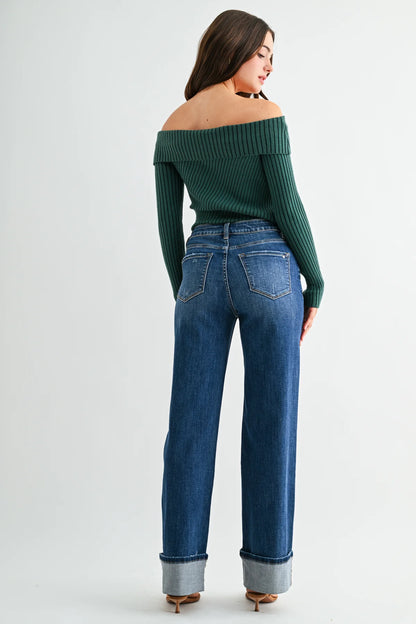 Mica High-Rise Slim Wide Cuffed Jeans | Dark Wash Stretch Denim