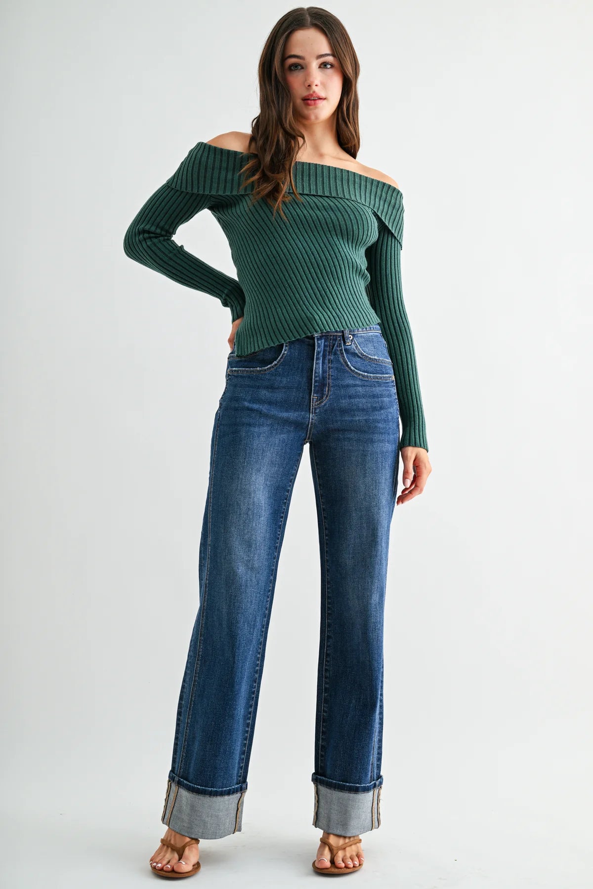 Mica High-Rise Slim Wide Cuffed Jeans | Dark Wash Stretch Denim