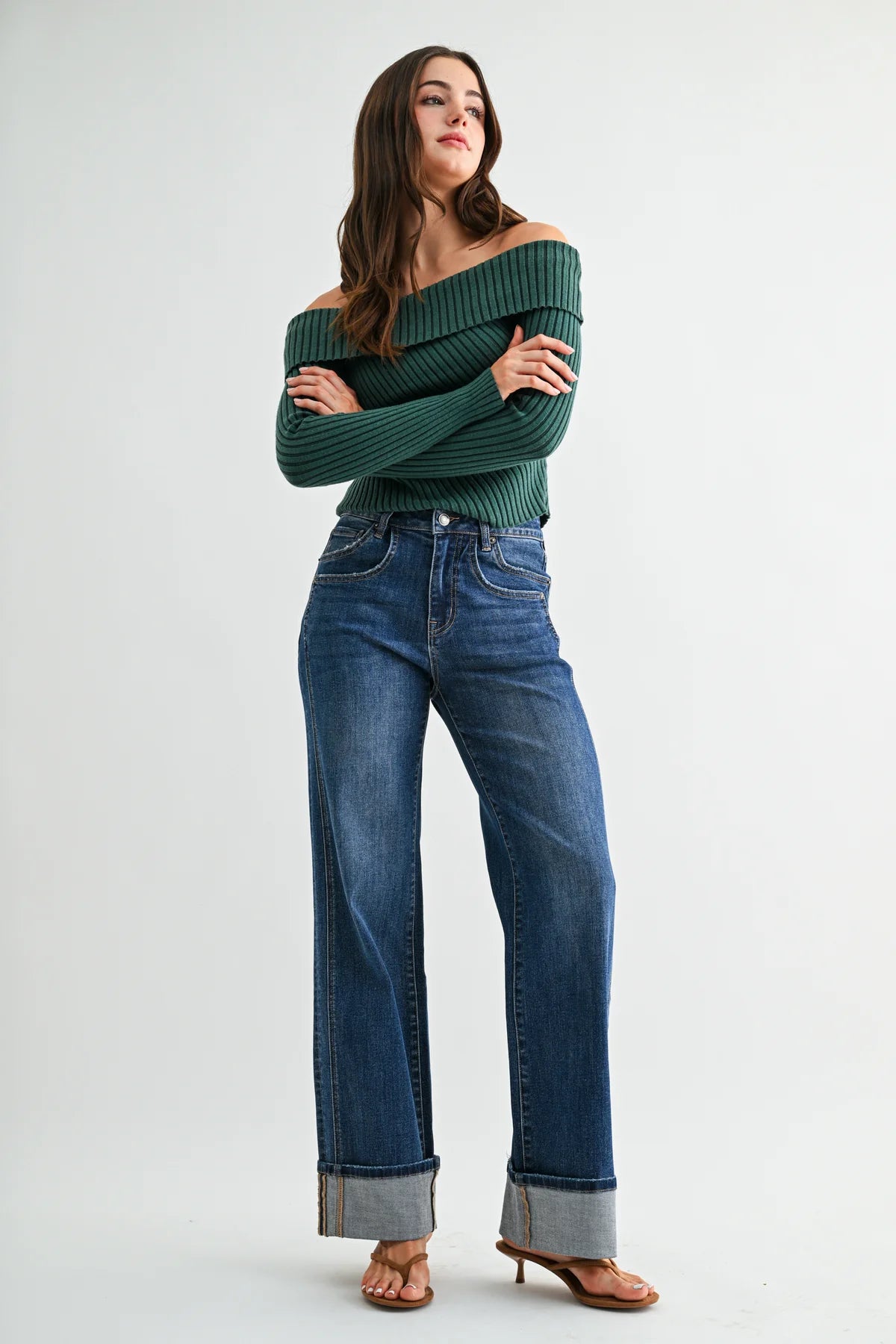 Mica High-Rise Slim Wide Cuffed Jeans | Dark Wash Stretch Denim