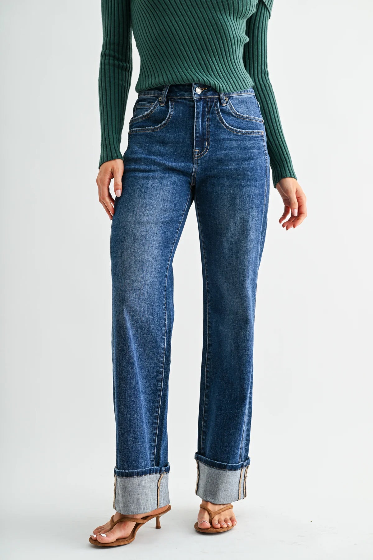 Mica High-Rise Slim Wide Cuffed Jeans | Dark Wash Stretch Denim