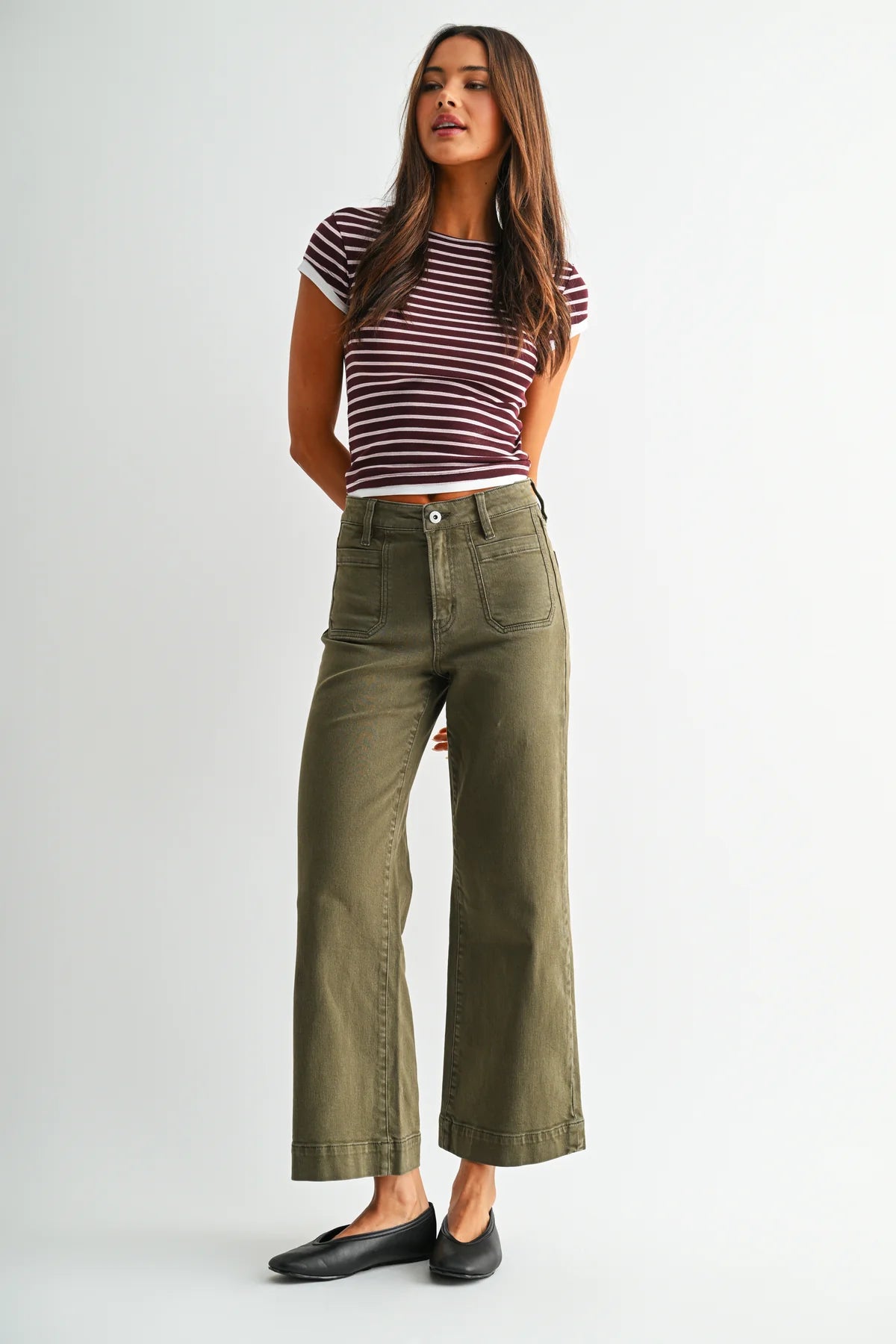 Mica Olive Wide Crop Trousers | High-Rise Stretch Trouser Jeans