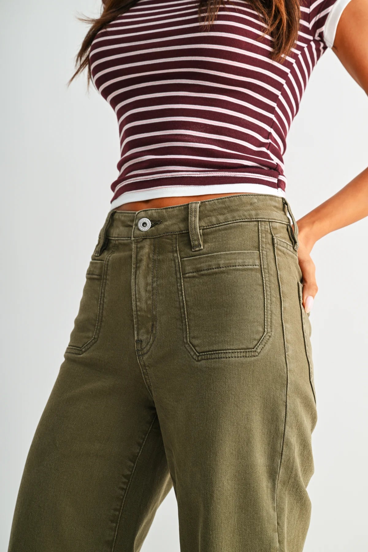 Mica Olive Wide Crop Trousers | High-Rise Stretch Trouser Jeans