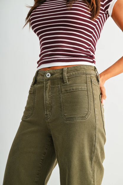 Mica Olive Wide Crop Trousers | High-Rise Stretch Trouser Jeans