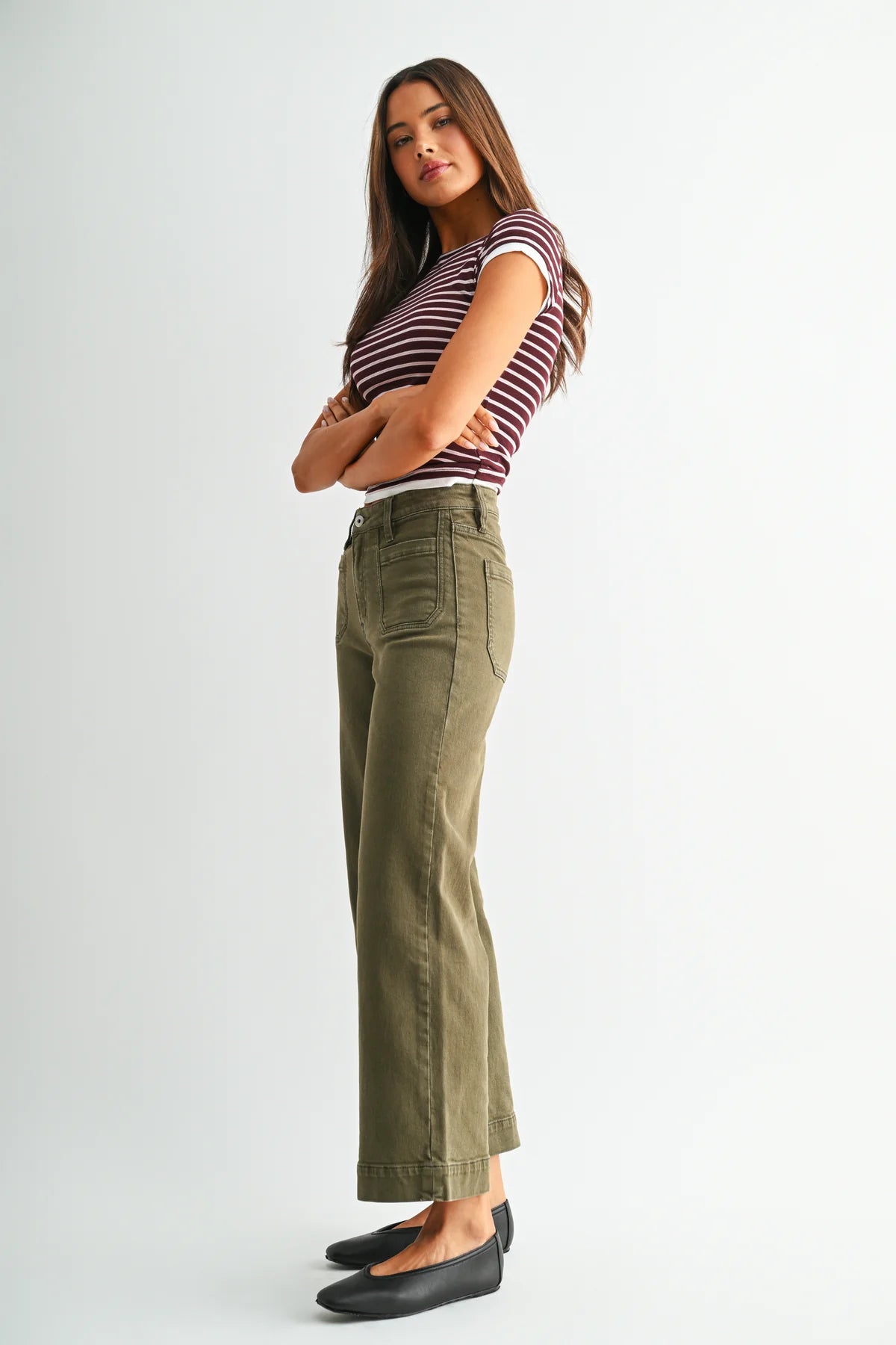Mica Olive Wide Crop Trousers | High-Rise Stretch Trouser Jeans