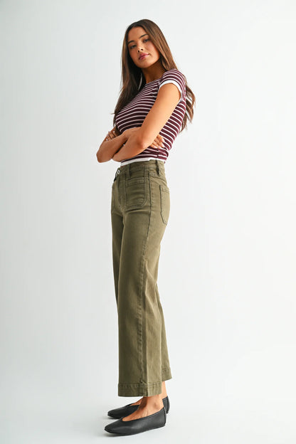 Mica Olive Wide Crop Trousers | High-Rise Stretch Trouser Jeans