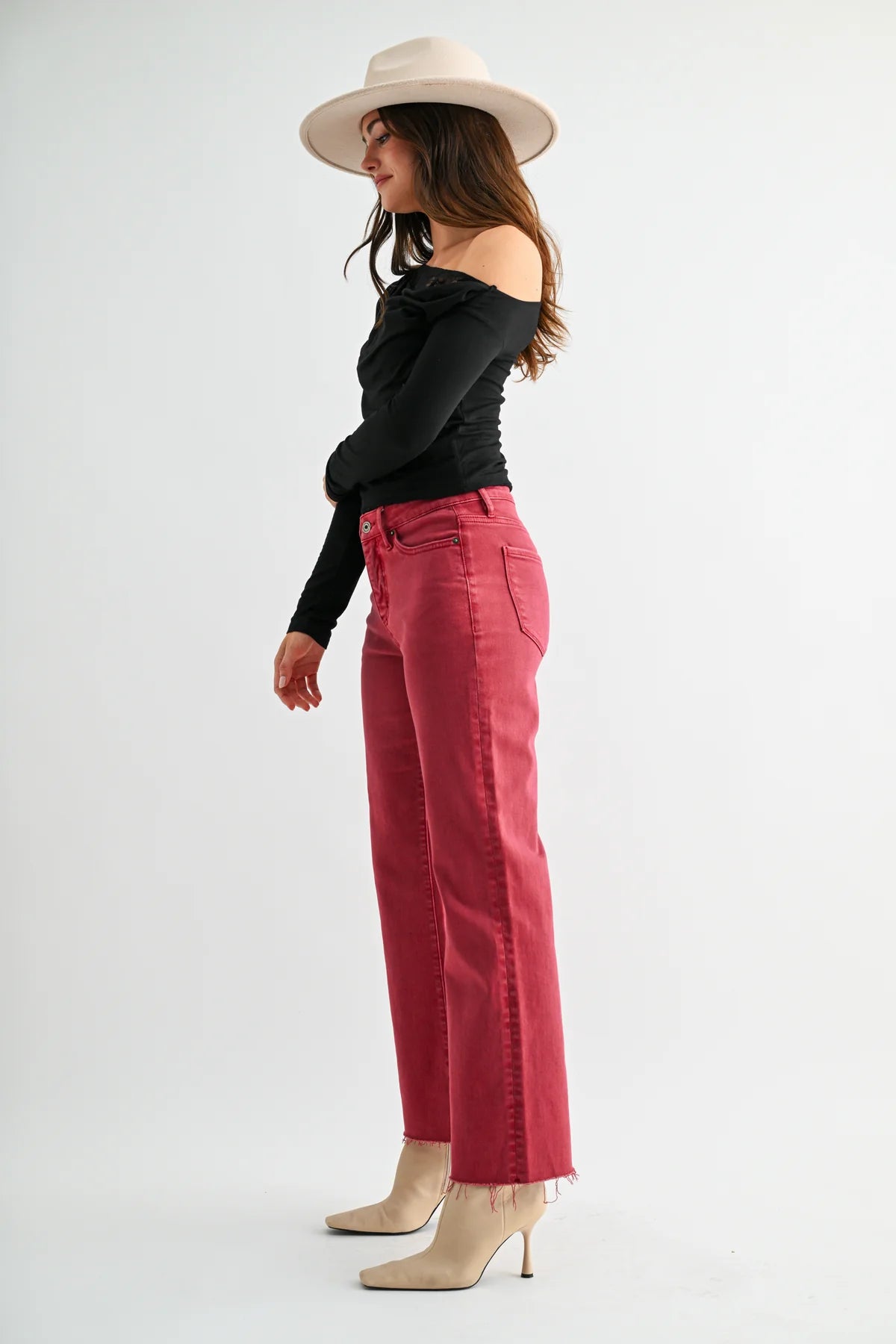 Mica Garnet Tummy Tuck Straight Ankle Jeans | High Rise Raw Hem Denim