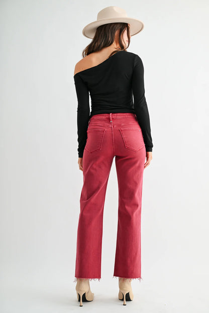 Mica Garnet Tummy Tuck Straight Ankle Jeans | High Rise Raw Hem Denim