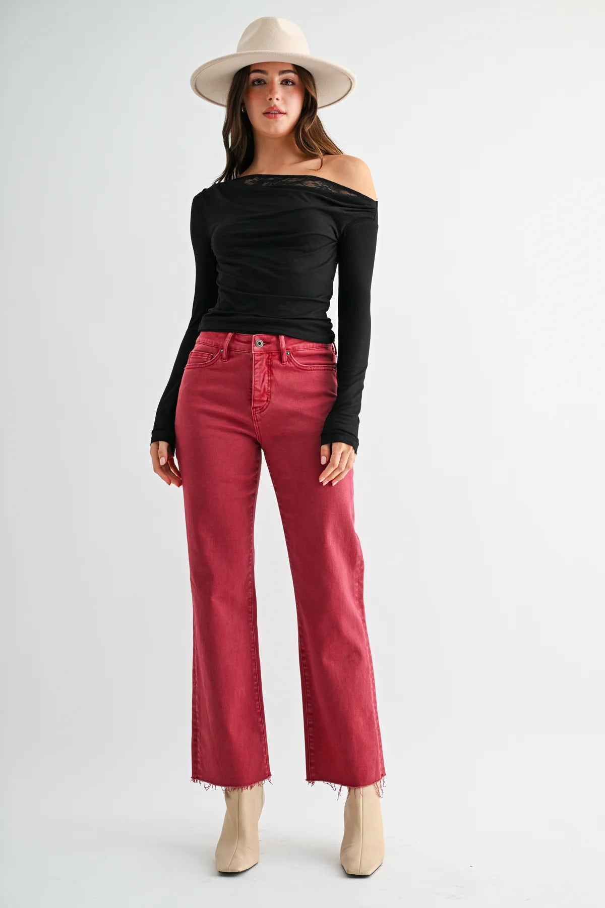 Mica Garnet Tummy Tuck Straight Ankle Jeans | High Rise Raw Hem Denim