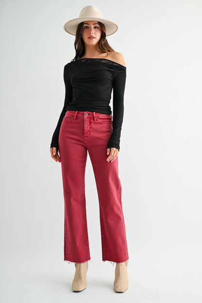 Mica Garnet Tummy Tuck Straight Ankle Jeans | High Rise Raw Hem Denim