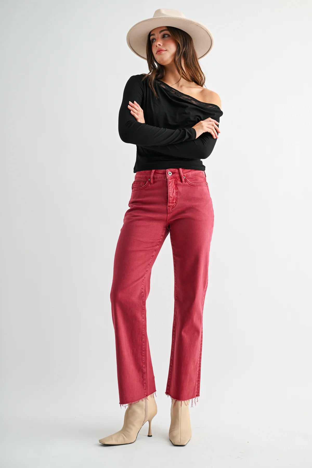 Mica Garnet Tummy Tuck Straight Ankle Jeans | High Rise Raw Hem Denim