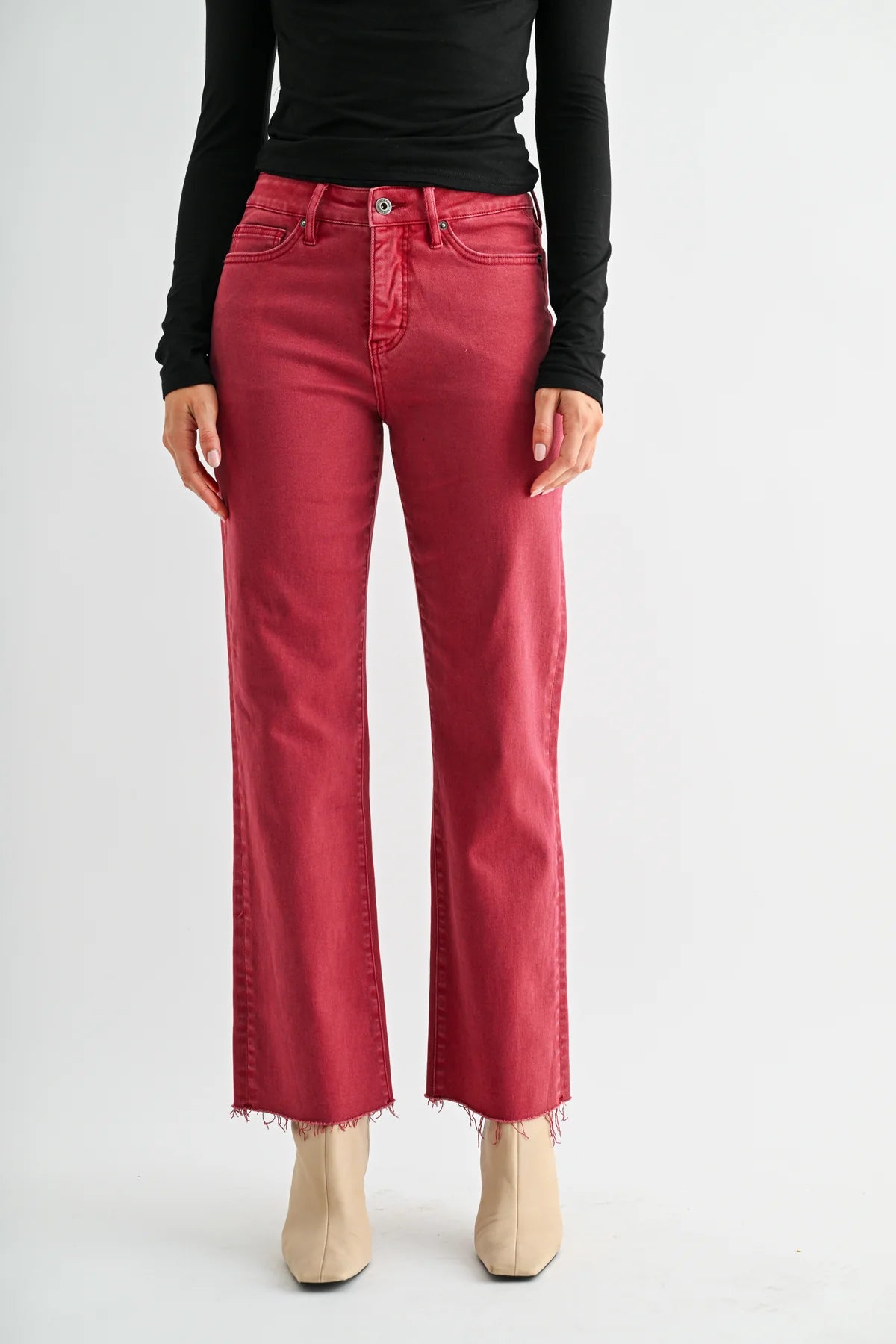 Mica Garnet Tummy Tuck Straight Ankle Jeans | High Rise Raw Hem Denim
