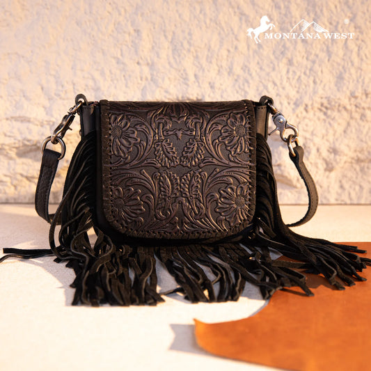 Montana West Genuine Leather Tooled Fringe Crossbody