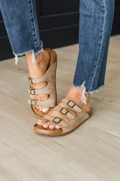 Ashley Slip-On Sandals by Very G | Women’s Taupe Triple Buckle Slide Sandals