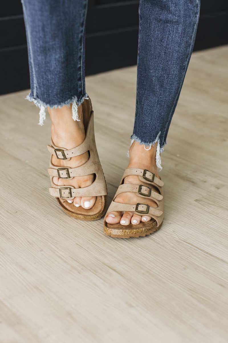 Ashley Slip-On Sandals by Very G | Women’s Taupe Triple Buckle Slide Sandals