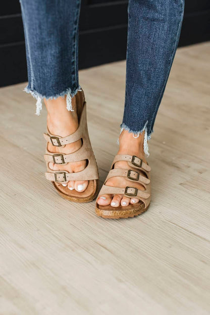 Ashley Slip-On Sandals by Very G | Women’s Taupe Triple Buckle Slide Sandals