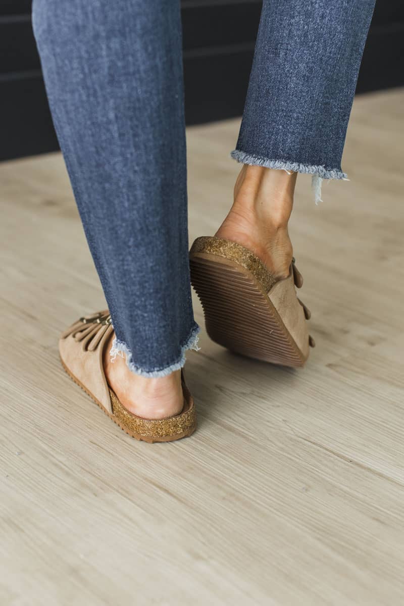 Ashley Slip-On Sandals by Very G | Women’s Taupe Triple Buckle Slide Sandals