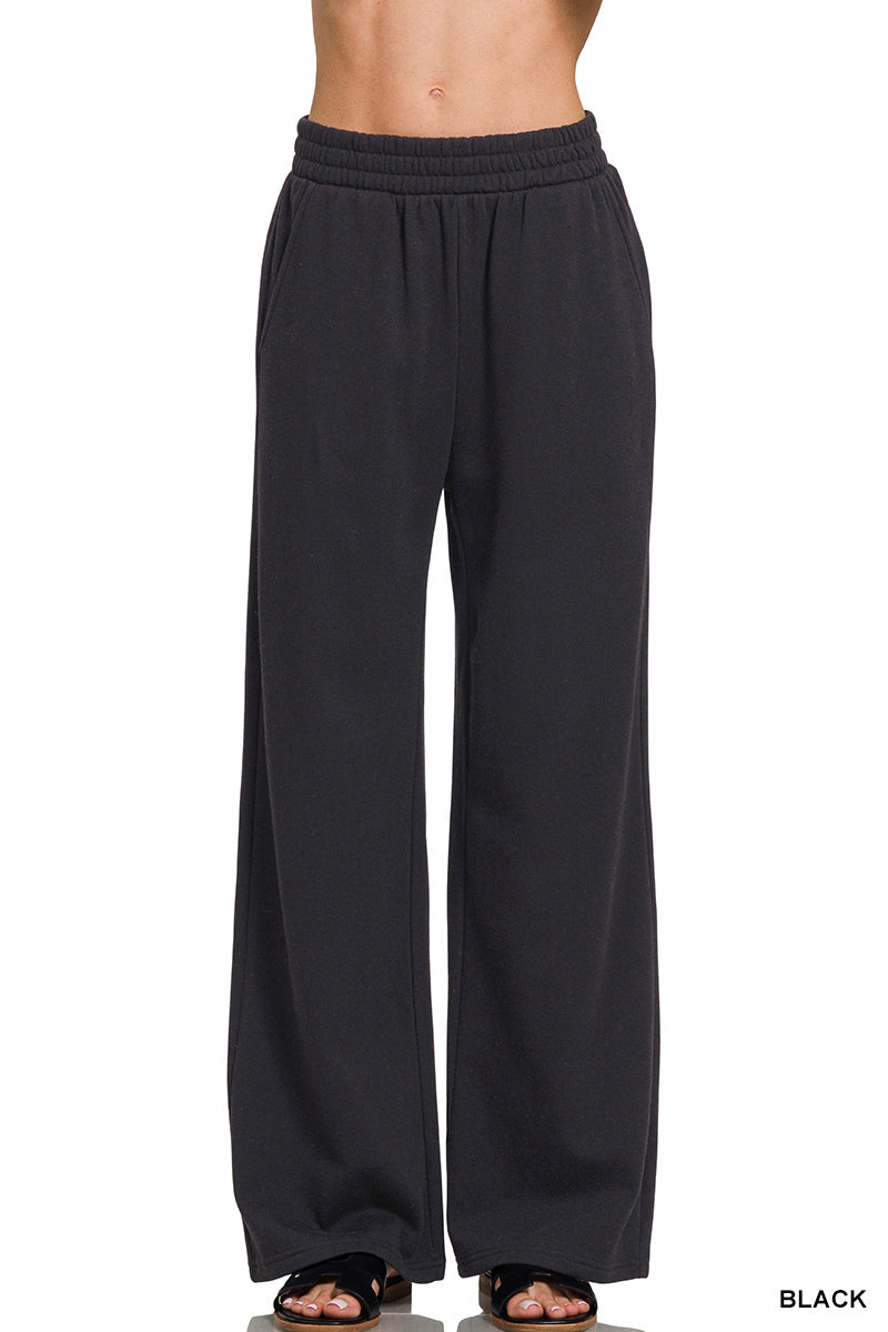 Zenana Fleece Wide Leg Pants with Pockets | Elastic Waist Lounge Pants